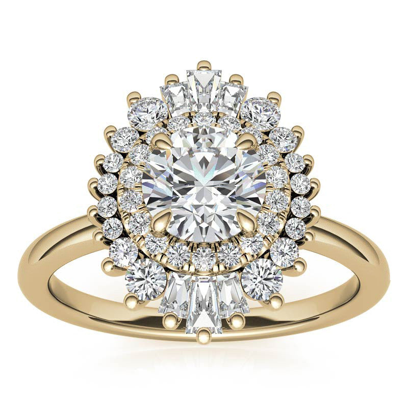 Round Brilliant Moissanite and Diamond Art Deco Style Halo Engagement Ring