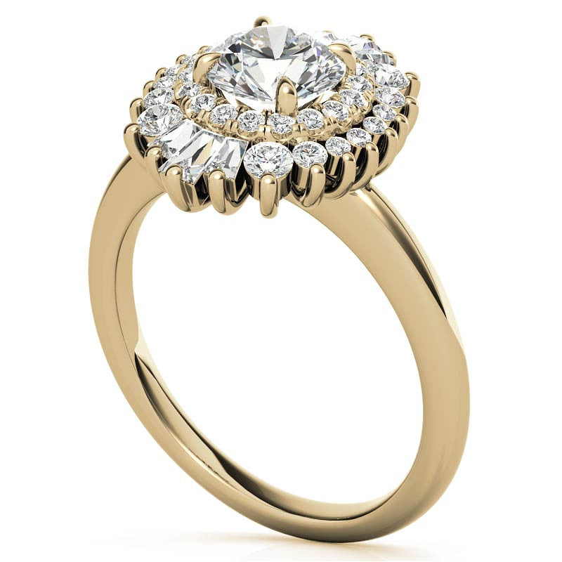 Round Brilliant Moissanite and Diamond Art Deco Style Halo Engagement Ring
