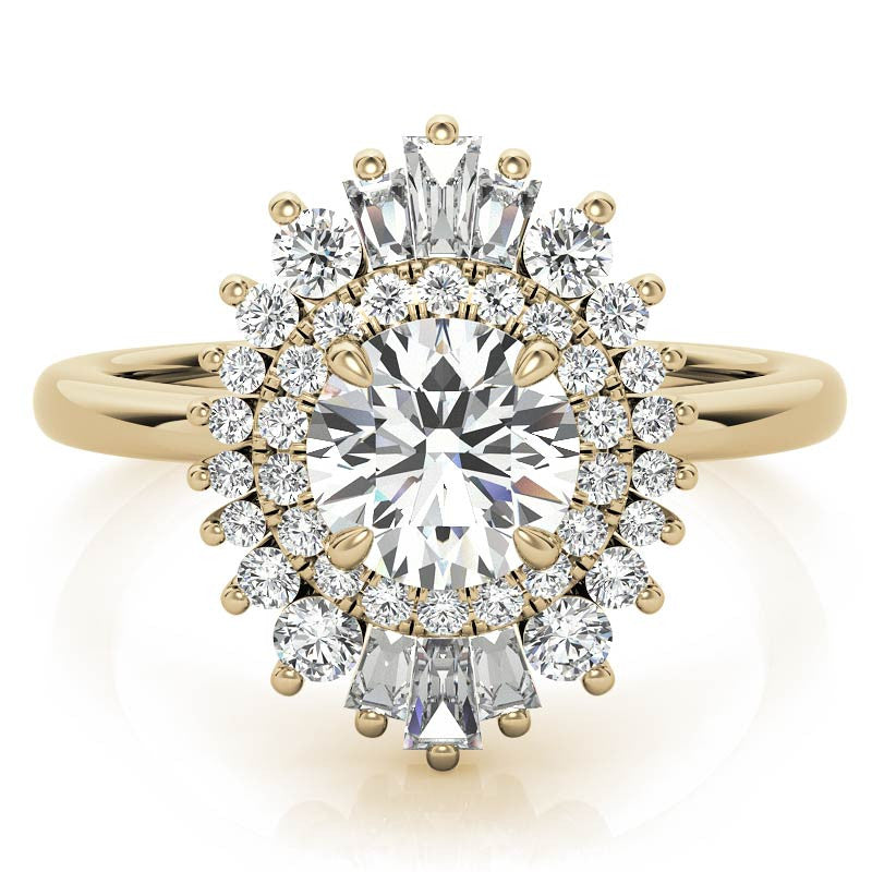 Round Brilliant Moissanite and Diamond Art Deco Style Halo Engagement Ring