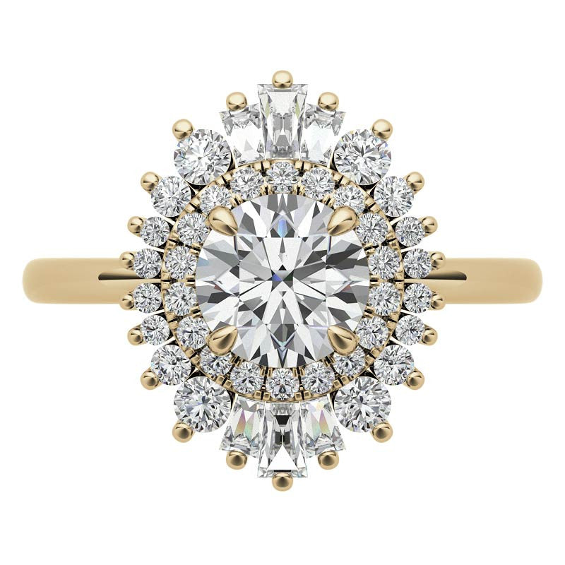 Round Brilliant Moissanite and Diamond Art Deco Style Halo Engagement Ring