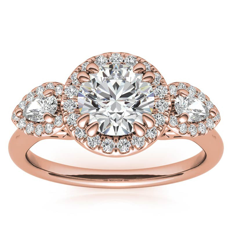 Round and Pear Halo 3-Stone Moissanite Engagement Ring