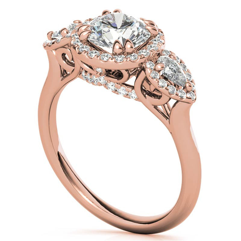 Round and Pear Halo 3-Stone Moissanite Engagement Ring