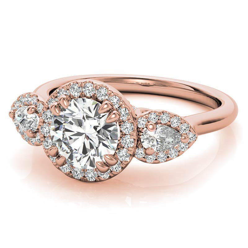 Round and Pear Halo 3-Stone Moissanite Engagement Ring