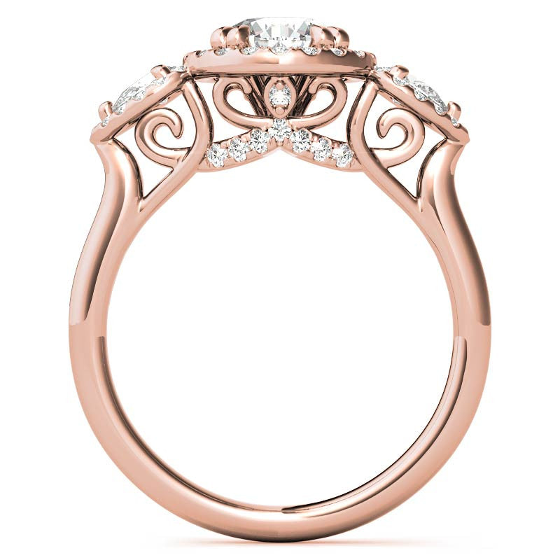 Round and Pear Halo 3-Stone Moissanite Engagement Ring