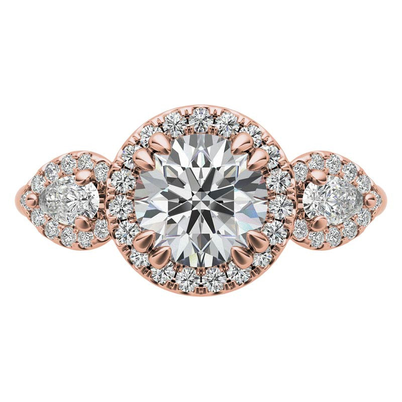 Round and Pear Halo 3-Stone Moissanite Engagement Ring