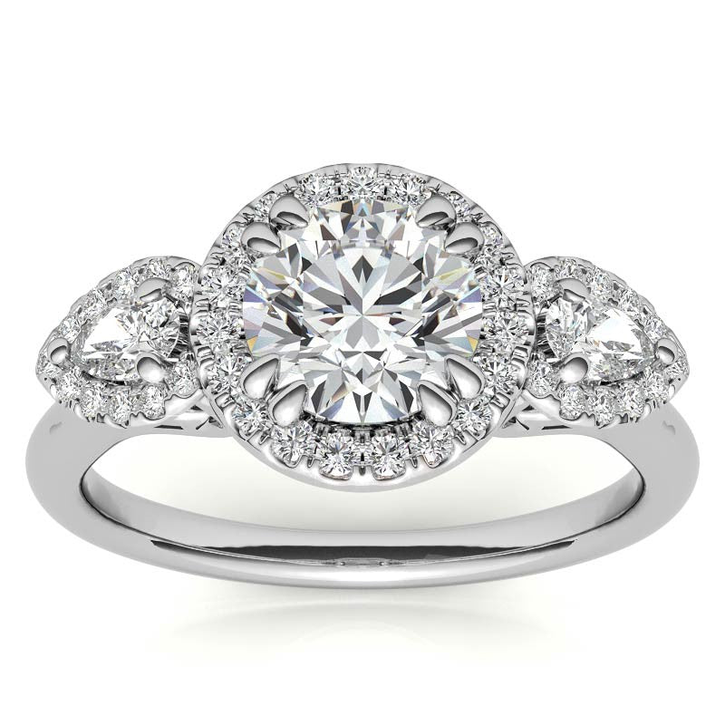Round and Pear Halo 3-Stone Moissanite Engagement Ring