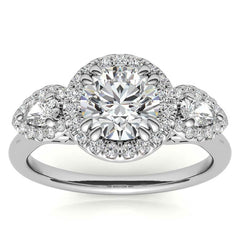 Round and Pear Halo 3-Stone Moissanite Engagement Ring