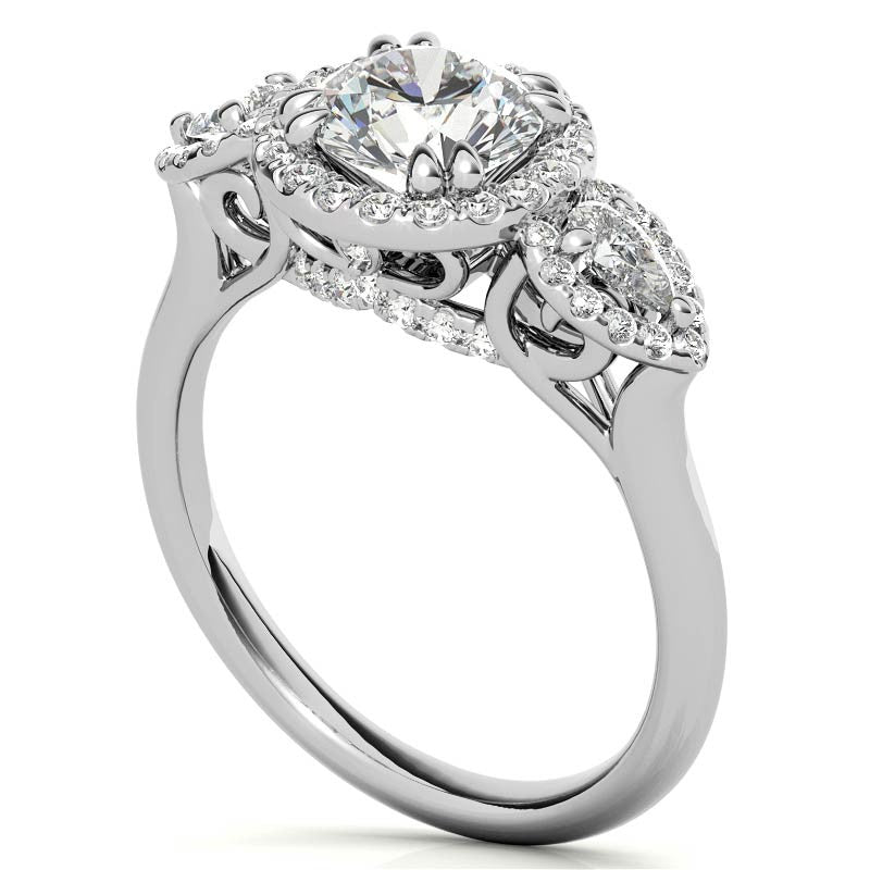 Round and Pear Halo 3-Stone Moissanite Engagement Ring