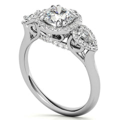 Round and Pear Halo 3-Stone Moissanite Engagement Ring