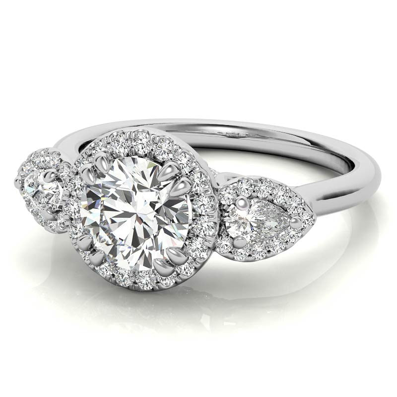 Round and Pear Halo 3-Stone Moissanite Engagement Ring