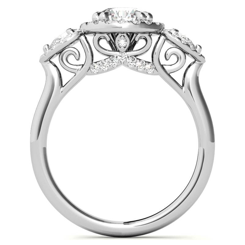 Round and Pear Halo 3-Stone Moissanite Engagement Ring