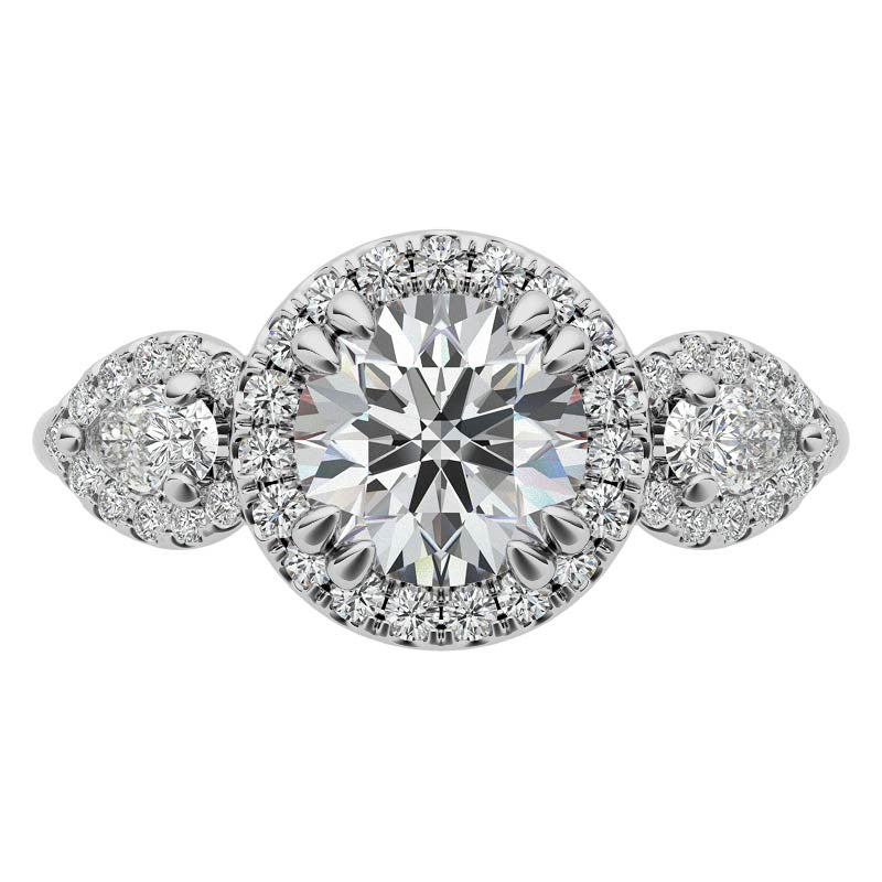 Round and Pear Halo 3-Stone Moissanite Engagement Ring