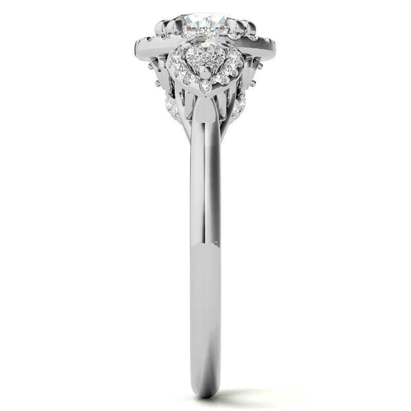 Round and Pear Halo 3-Stone Moissanite Engagement Ring