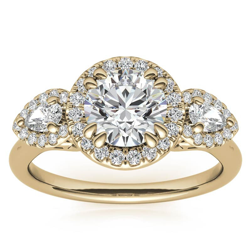Round and Pear Halo 3-Stone Moissanite Engagement Ring