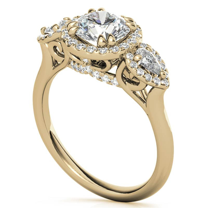 Round and Pear Halo 3-Stone Moissanite Engagement Ring