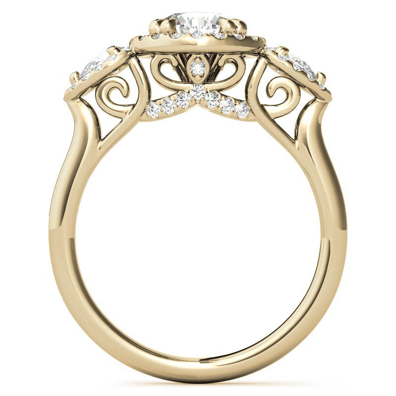 Round and Pear Halo 3-Stone Moissanite Engagement Ring