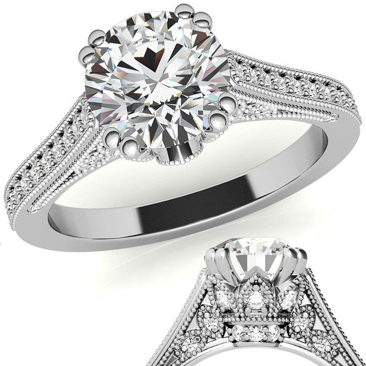 Antique Round Crown Accent Moissanite Engagement Ring