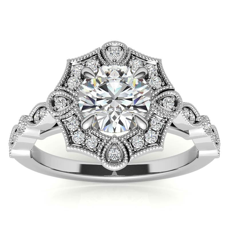 Fancy Scalloped Antique Inspired Halo Moissanite Engagement Ring