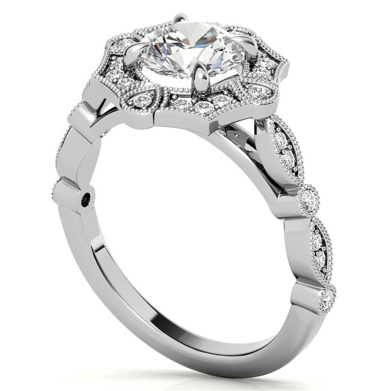 Fancy Scalloped Antique Inspired Halo Moissanite Engagement Ring