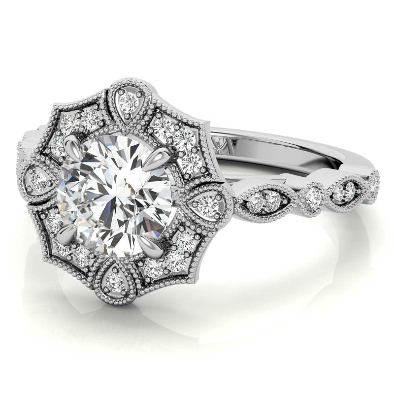 Fancy Scalloped Antique Inspired Halo Moissanite Engagement Ring