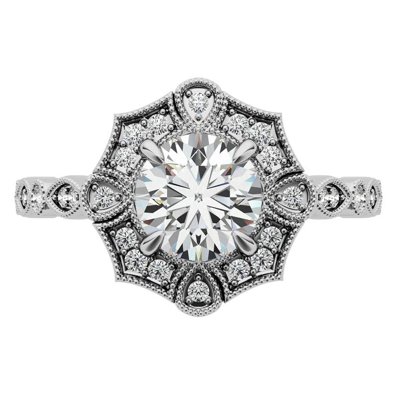 Fancy Scalloped Antique Inspired Halo Moissanite Engagement Ring