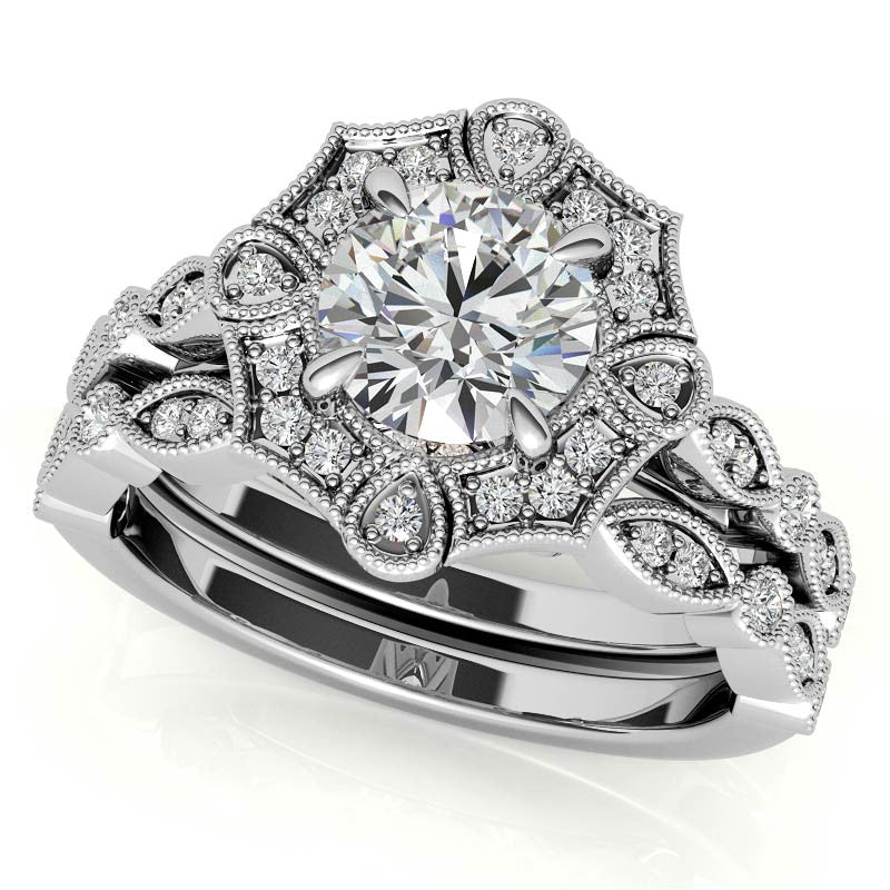Fancy Scalloped Antique Inspired Halo Moissanite Engagement Ring