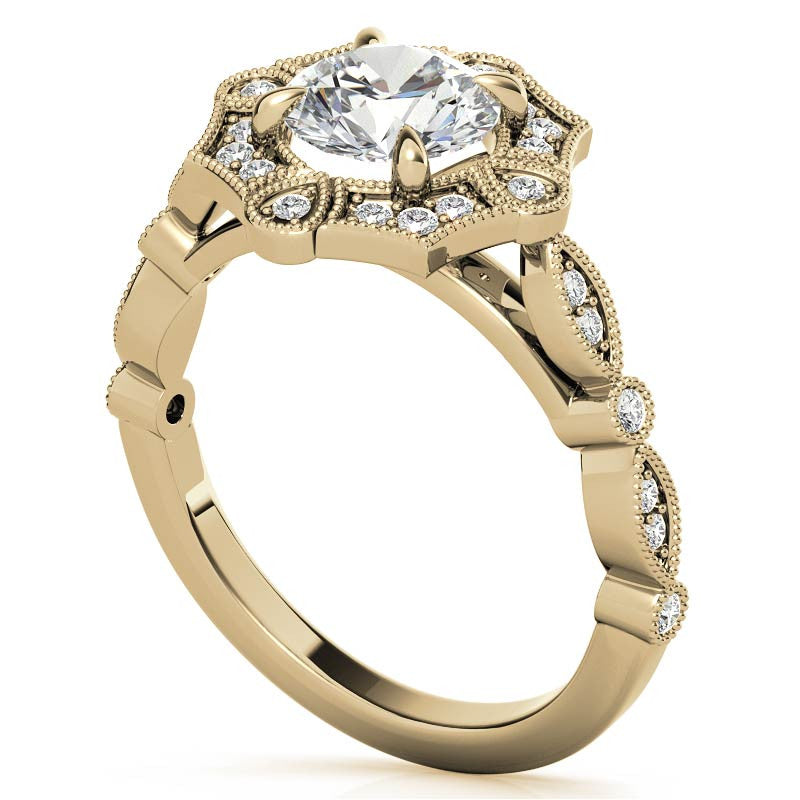 Fancy Scalloped Antique Inspired Halo Moissanite Engagement Ring