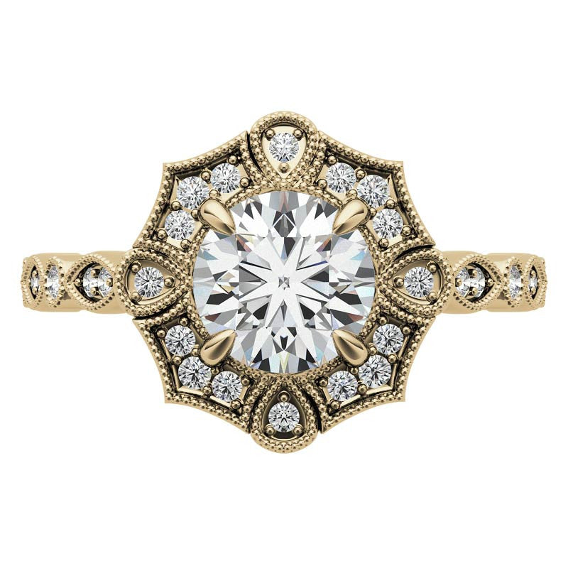 Fancy Scalloped Antique Inspired Halo Moissanite Engagement Ring