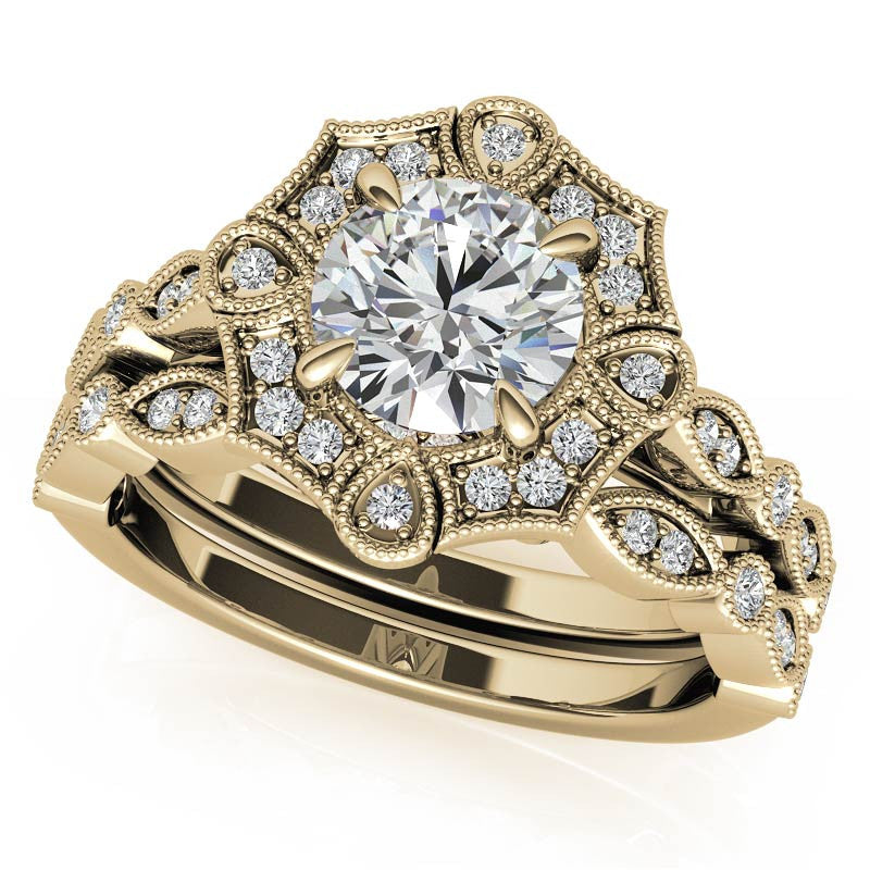 Fancy Scalloped Antique Inspired Halo Moissanite Engagement Ring