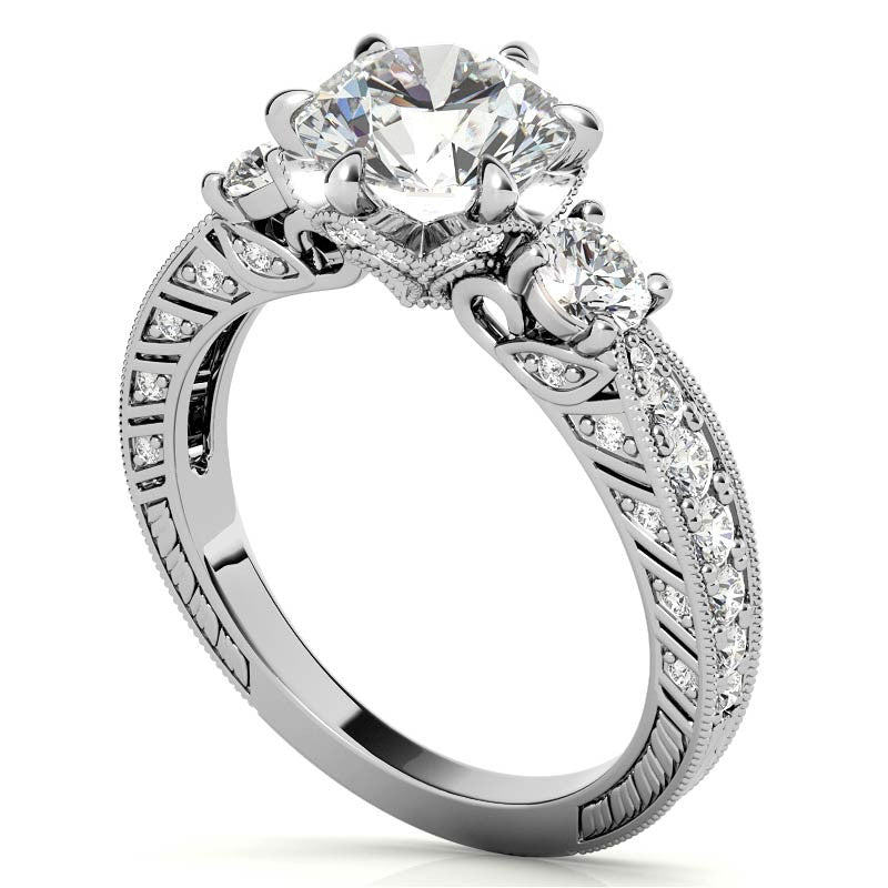 Antique Inspired Round 3-Stone Moissanite Engagement Ring