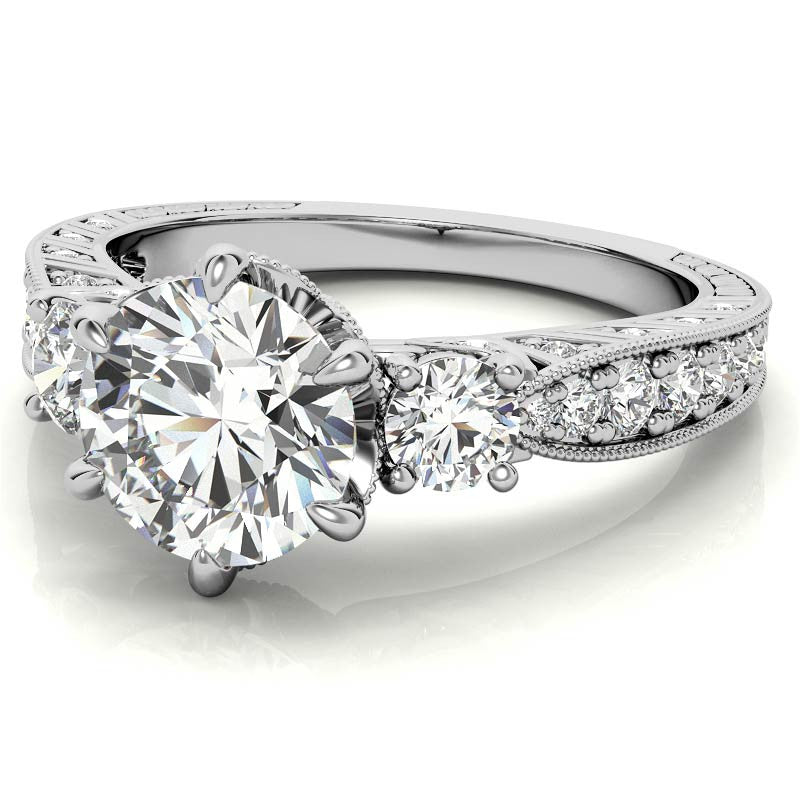 Antique Inspired Round 3-Stone Moissanite Engagement Ring