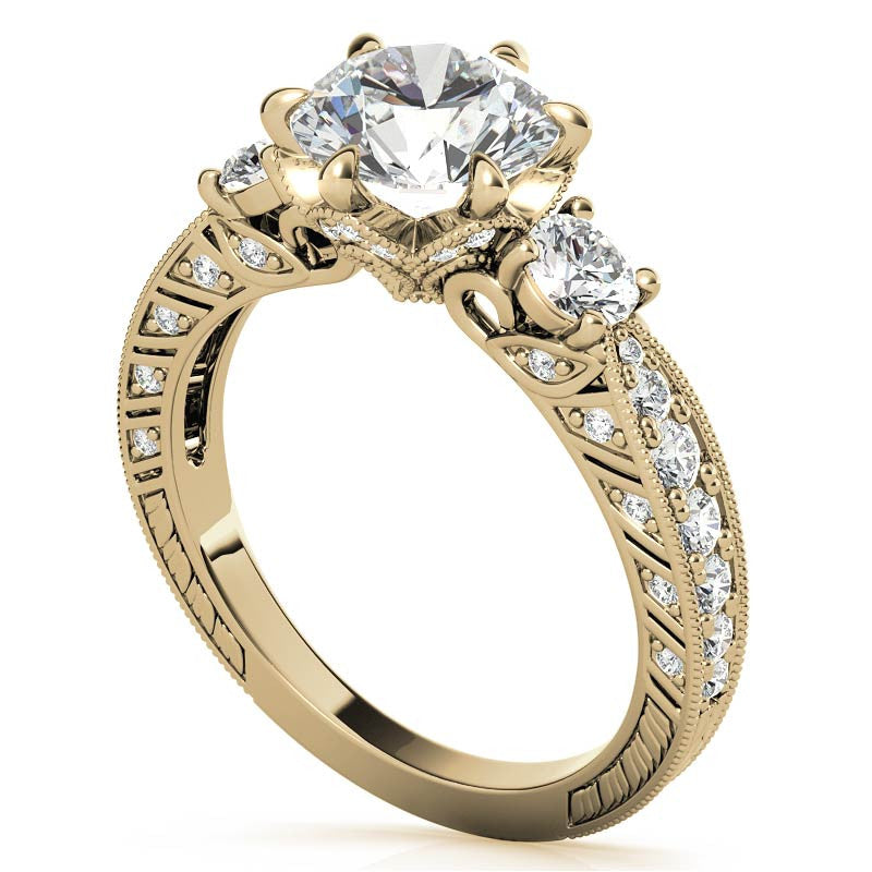 Antique Inspired Round 3-Stone Moissanite Engagement Ring