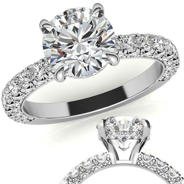 Round Pave U-Prong Moissanite Engagement Ring with Hidden Halo