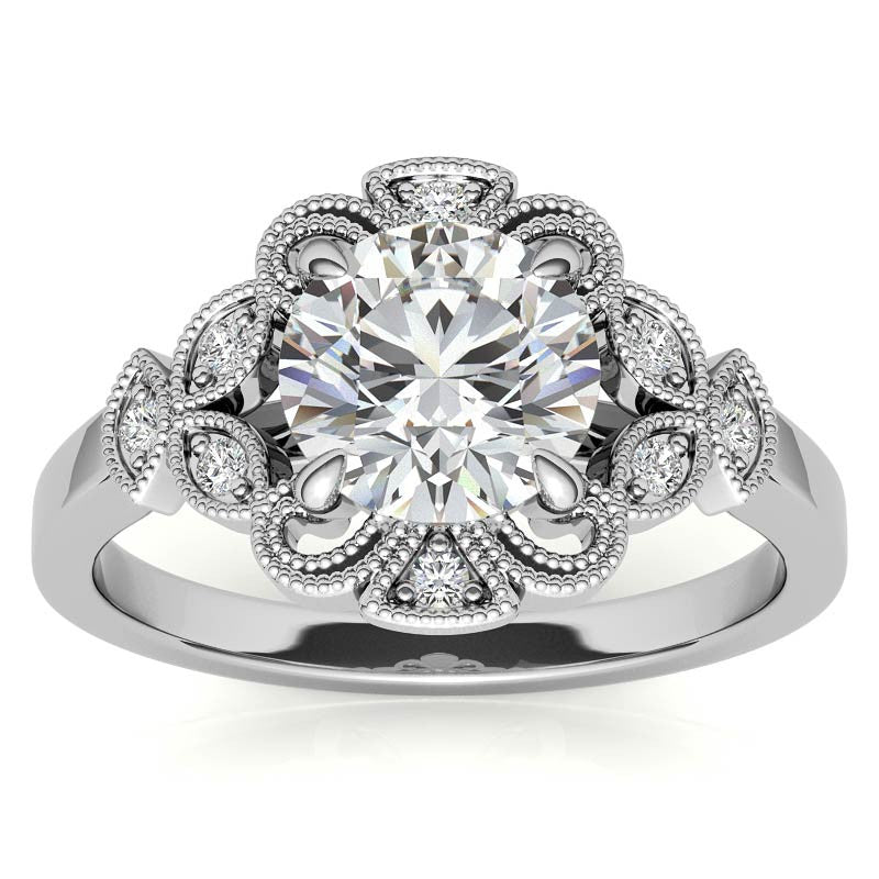 Fancy Scroll Antique Inspired Halo Moissanite Engagement Ring