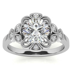 Fancy Scroll Antique Inspired Halo Moissanite Engagement Ring