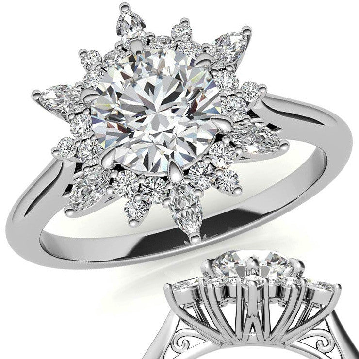 Round and Marquise Floral Moissanite Engagement Ring