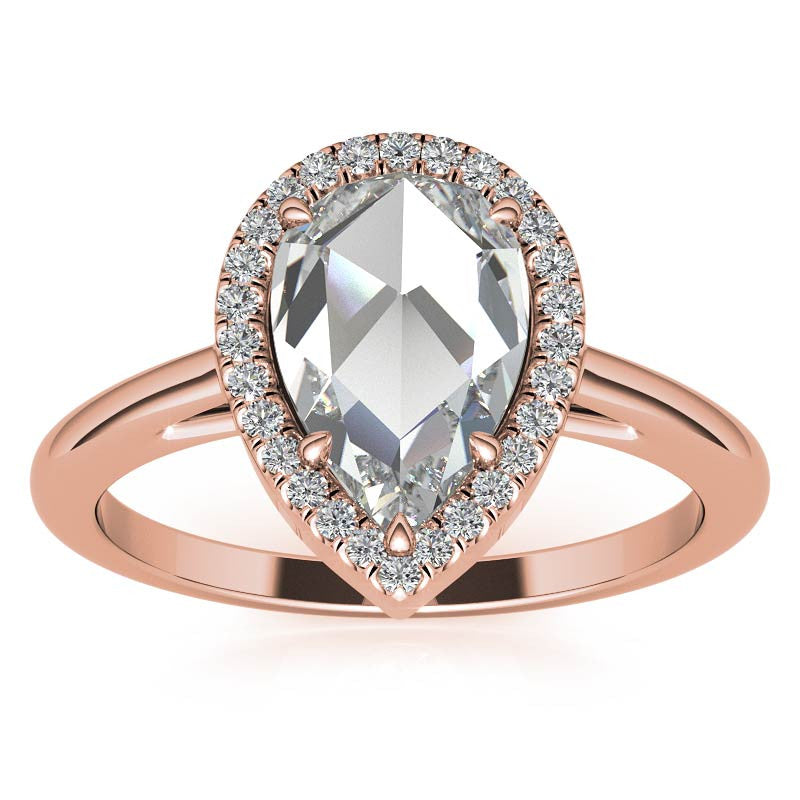 Rose cut Pear Moissanite Halo Engagement Ring