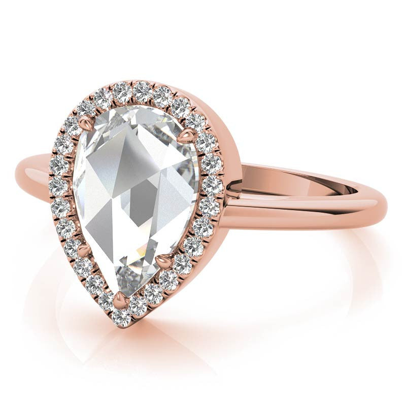 Rose cut Pear Moissanite Halo Engagement Ring