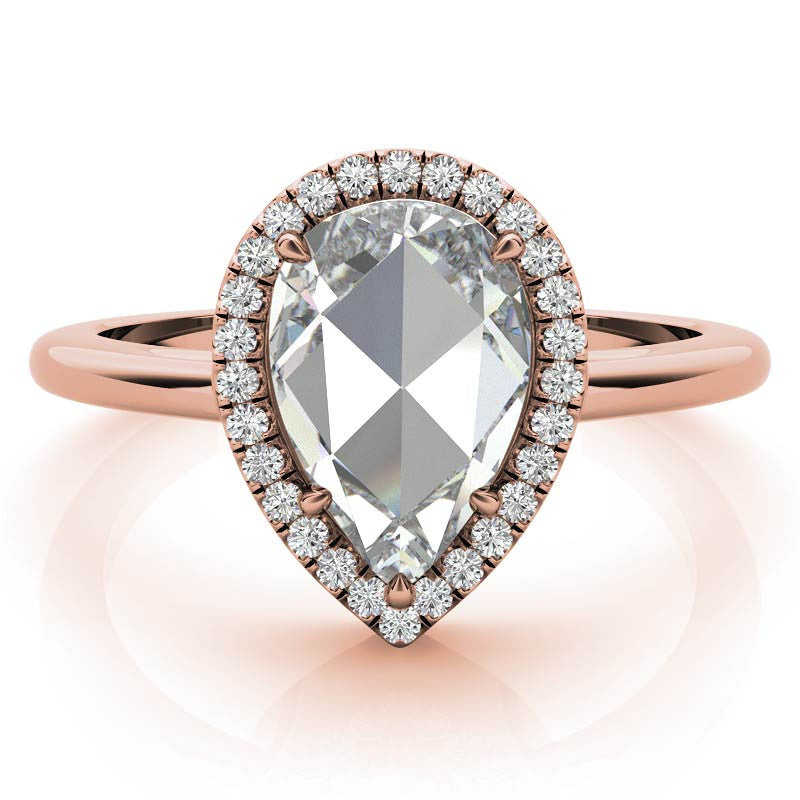Rose cut Pear Moissanite Halo Engagement Ring