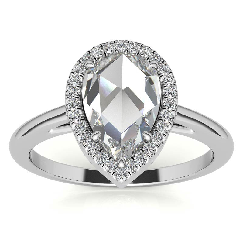 Rose cut Pear Moissanite Halo Engagement Ring