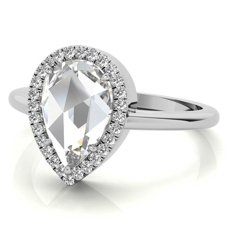 Rose cut Pear Moissanite Halo Engagement Ring