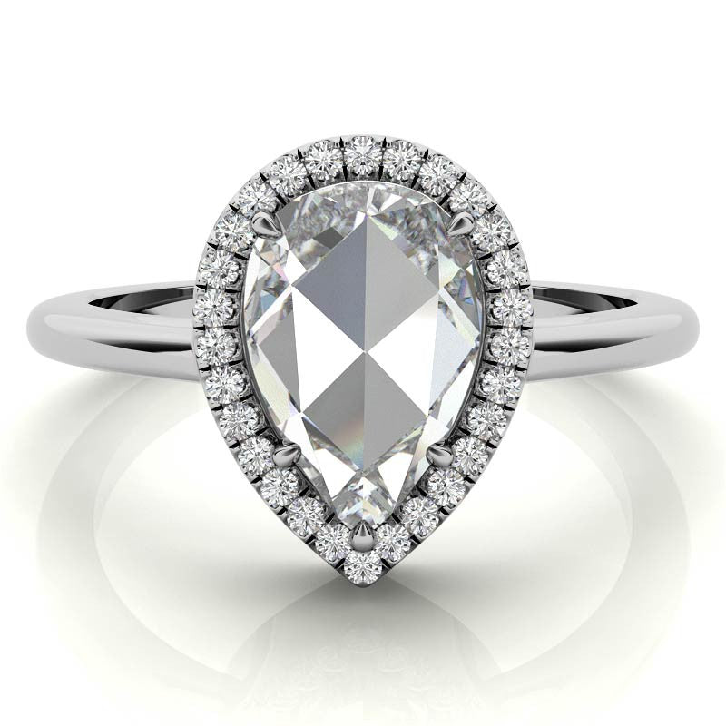 Rose cut Pear Moissanite Halo Engagement Ring