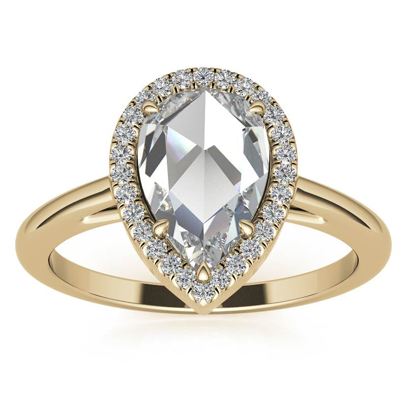Rose cut Pear Moissanite Halo Engagement Ring