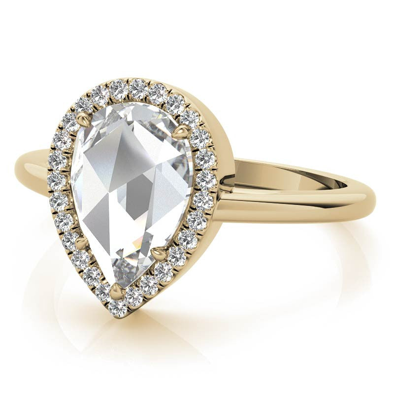 Rose cut Pear Moissanite Halo Engagement Ring