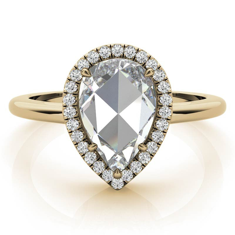 Rose cut Pear Moissanite Halo Engagement Ring