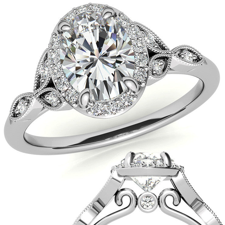 Oval Halo Moissanite Engagement Ring with Marquise Style Accents