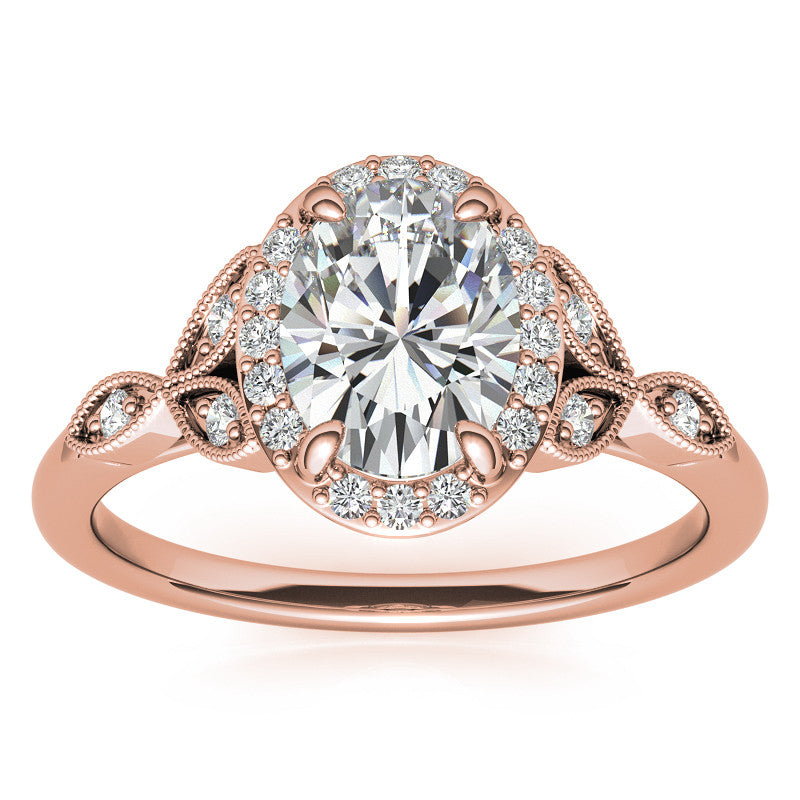 Oval Halo Moissanite Engagement Ring with Marquise Style Accents