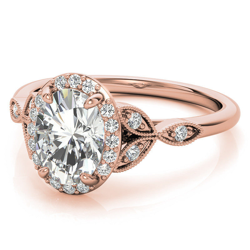 Oval Halo Moissanite Engagement Ring with Marquise Style Accents