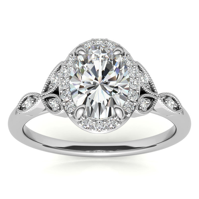 Oval Halo Moissanite Engagement Ring with Marquise Style Accents
