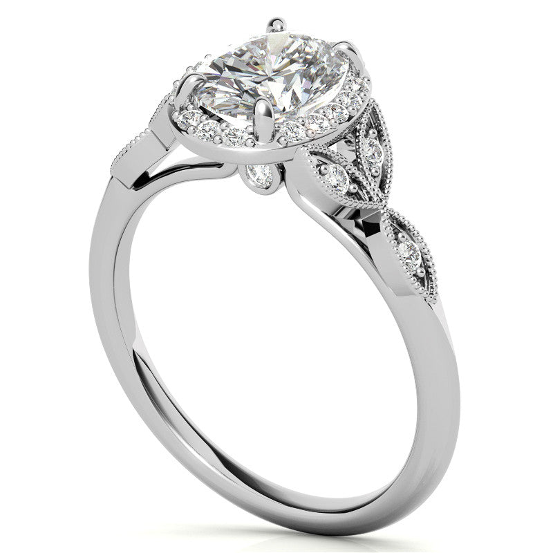 Oval Halo Moissanite Engagement Ring with Marquise Style Accents